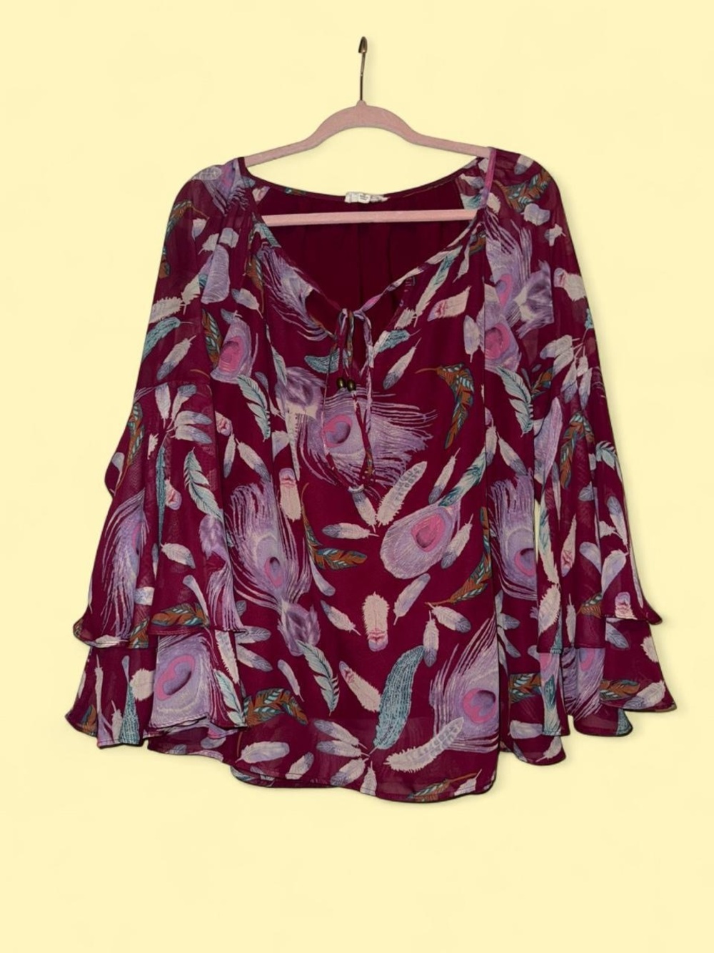 Entro Women's Maroon Feather Print Tie-Neck Blouse